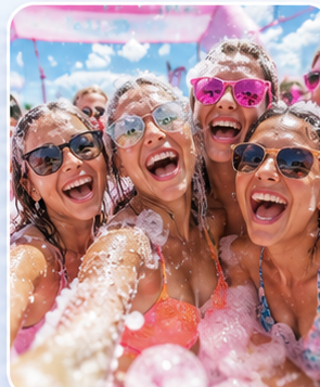 Smiling group of guests surrounded by foam and bubbles