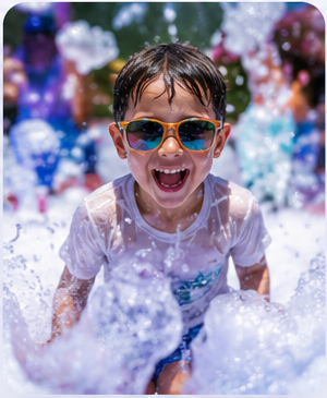 Happy child smiling in foam with a colorful party background